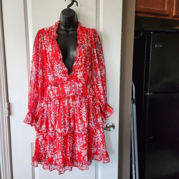 SELFIE LESLIE Laney Red Floral Chiffon Ruffled Mini Dress Womens Extra Large XL - Picture 1 of 11